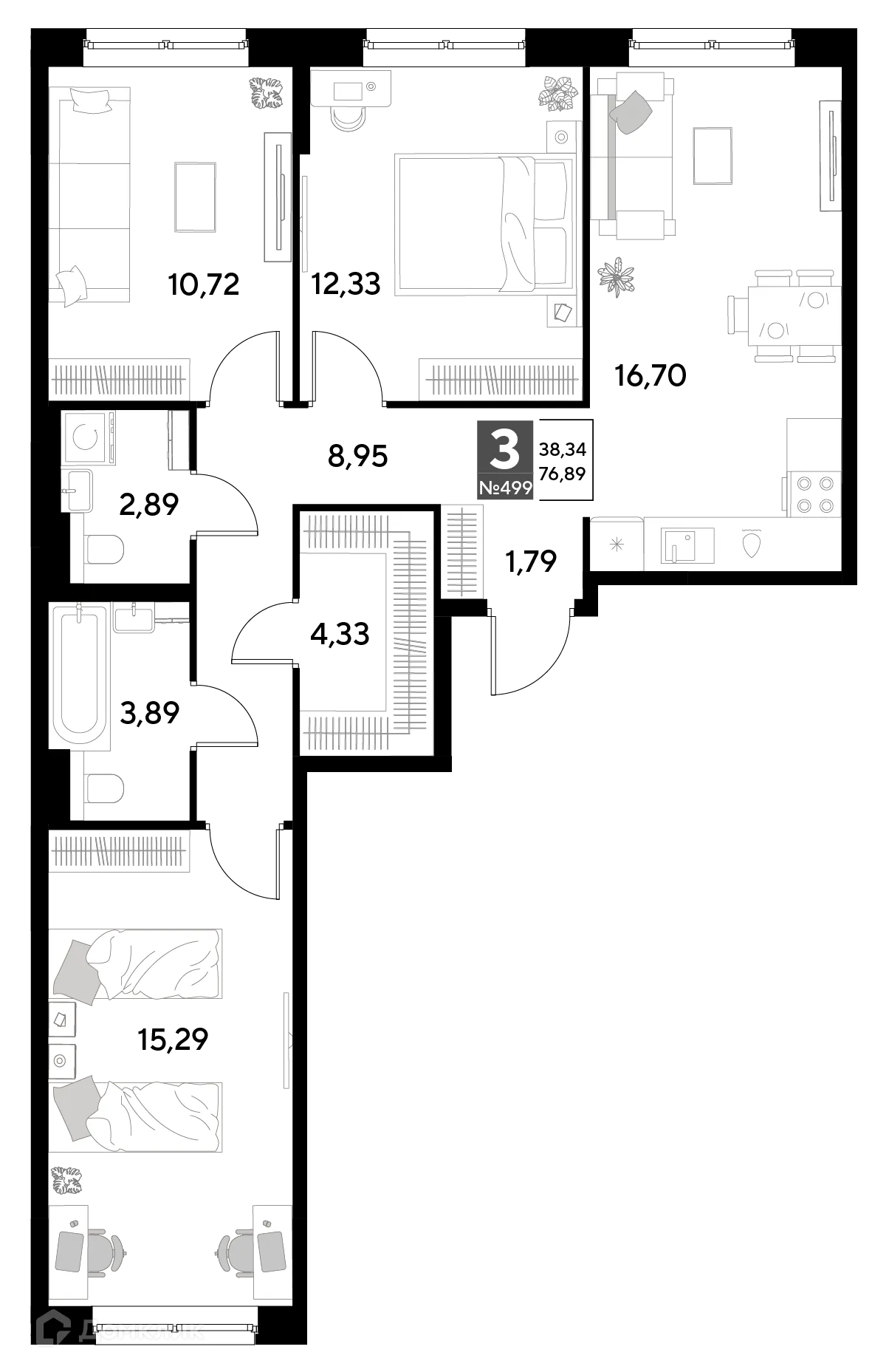 Планировка 3-комнатной квартиры 76.89 м² в ЖК Космопарк, г. Калуга — фото 1