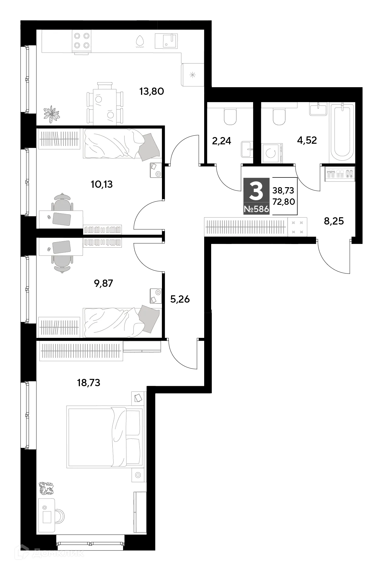 Планировка 3-комнатной квартиры 72.8 м² в ЖК Космопарк, г. Калуга — фото 1