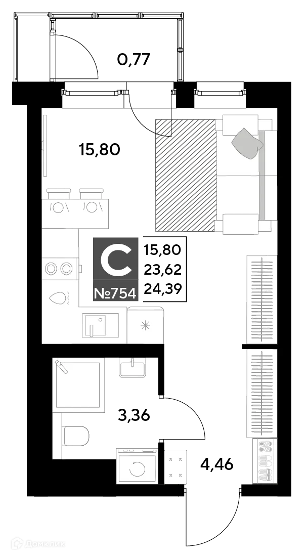 Планировка студии квартиры 24.39 м² в ЖК Космопарк, г. Калуга — фото 1