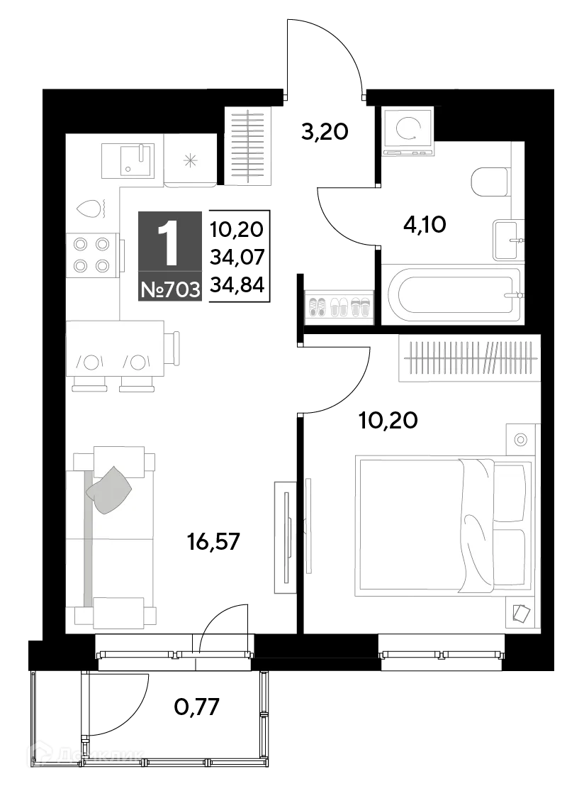 Планировка 1-комнатной квартиры 34.84 м² в ЖК Космопарк, г. Калуга — фото 1