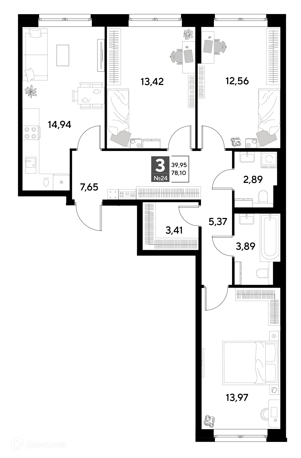 Планировка 3-комнатной квартиры 78.1 м² в ЖК Космопарк, г. Калуга — фото 1