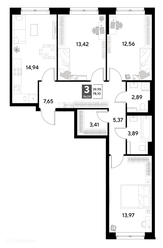 Планировка 3 комн. в ЖК Космопарк