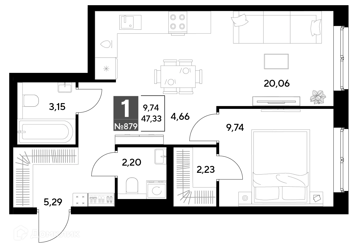 Планировка 1-комнатной квартиры 47.33 м² в ЖК Космопарк, г. Калуга — фото 1