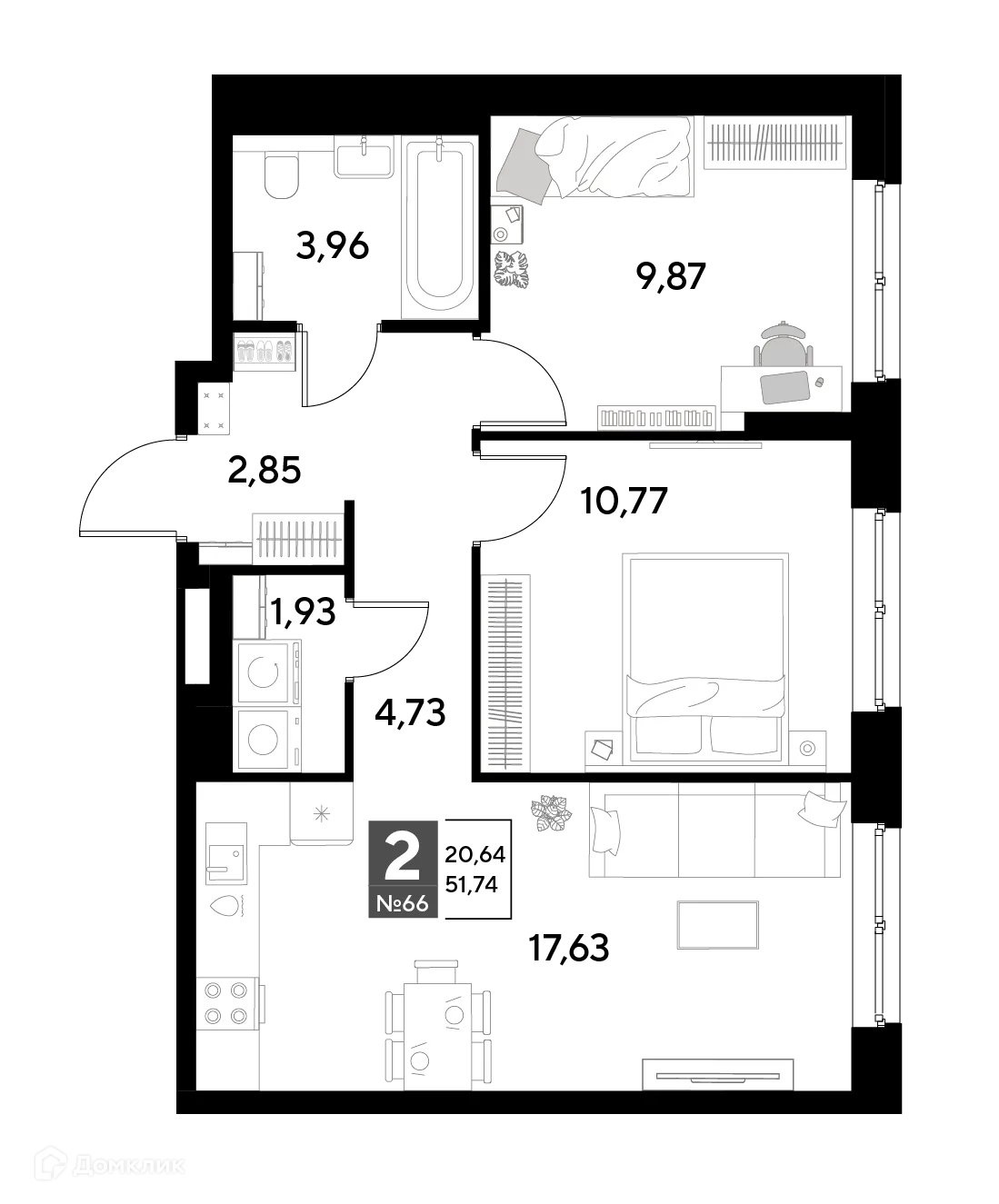 Планировка 2-комнатной квартиры 51.74 м² в ЖК Космопарк, г. Калуга — фото 1