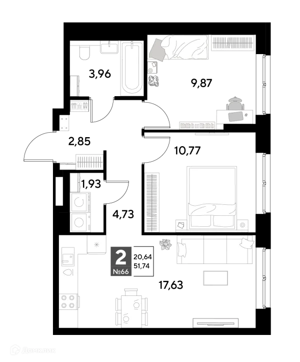 Планировка 2 комн. в ЖК Космопарк