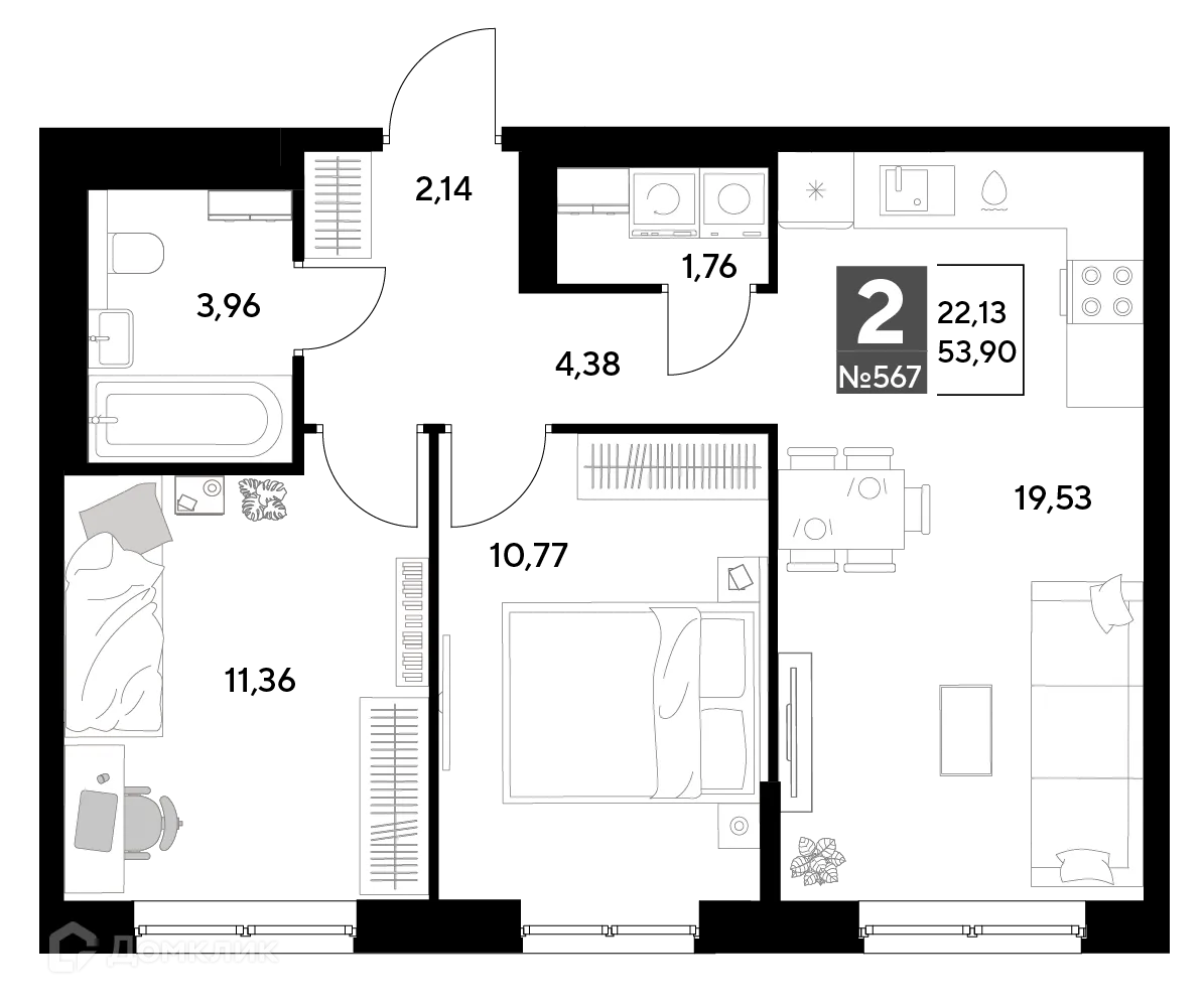Планировка 2-комнатной квартиры 53.9 м² в ЖК Космопарк, г. Калуга — фото 1