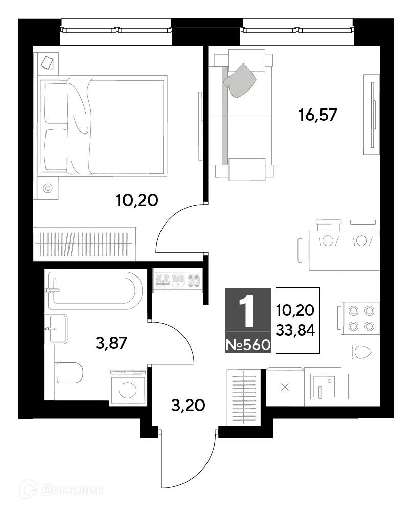 Планировка 1-комнатной квартиры 33.84 м² в ЖК Космопарк, г. Калуга — фото 1