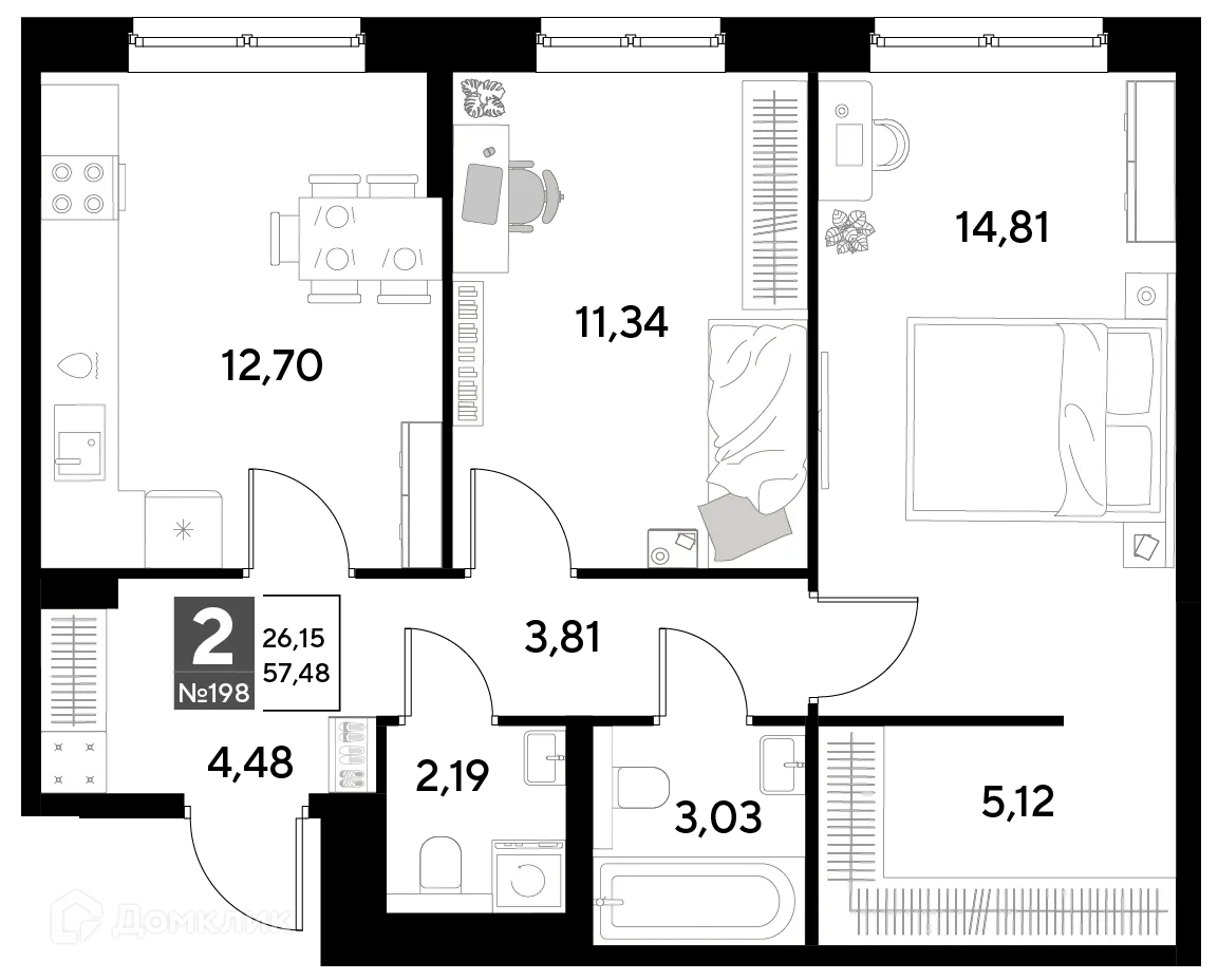 Планировка 2-комнатной квартиры 57.48 м² в ЖК Космопарк, г. Калуга — фото 1