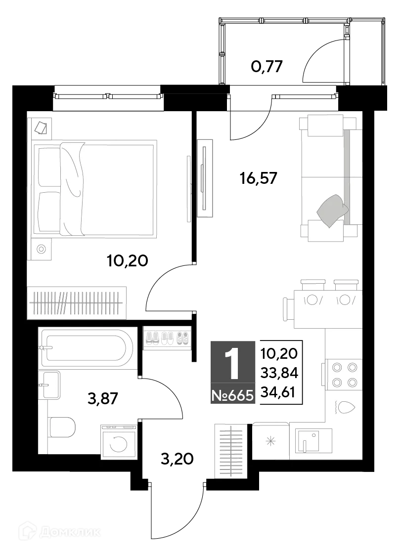 Планировка 1-комнатной квартиры 34.61 м² в ЖК Космопарк, г. Калуга — фото 1