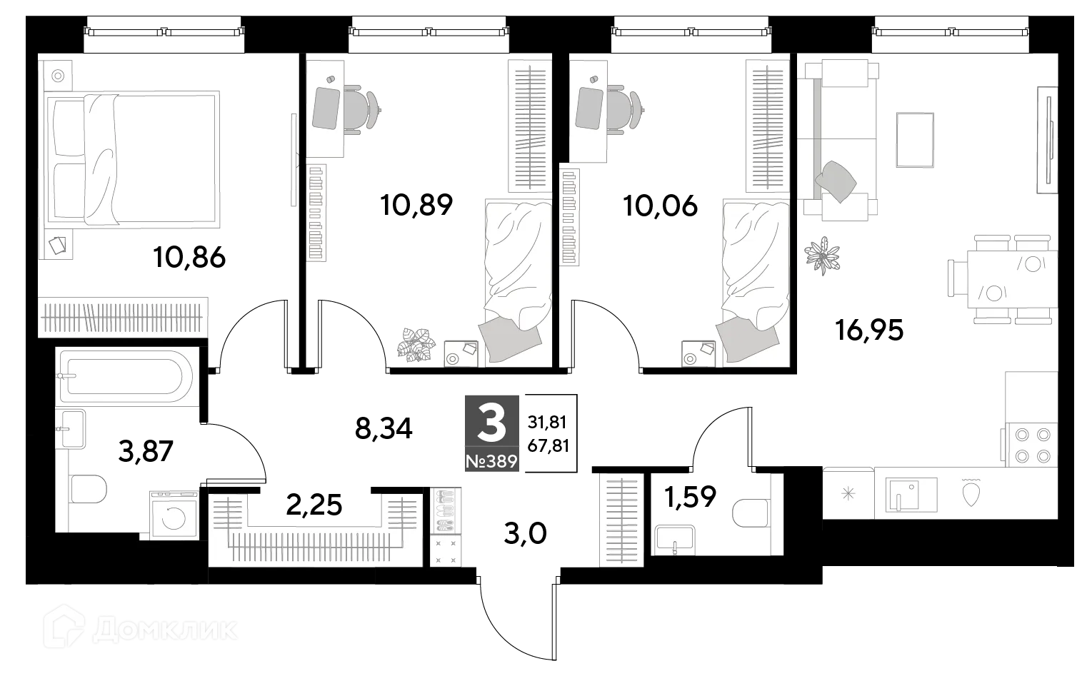 Планировка 3-комнатной квартиры 67.81 м² в ЖК Космопарк, г. Калуга — фото 1