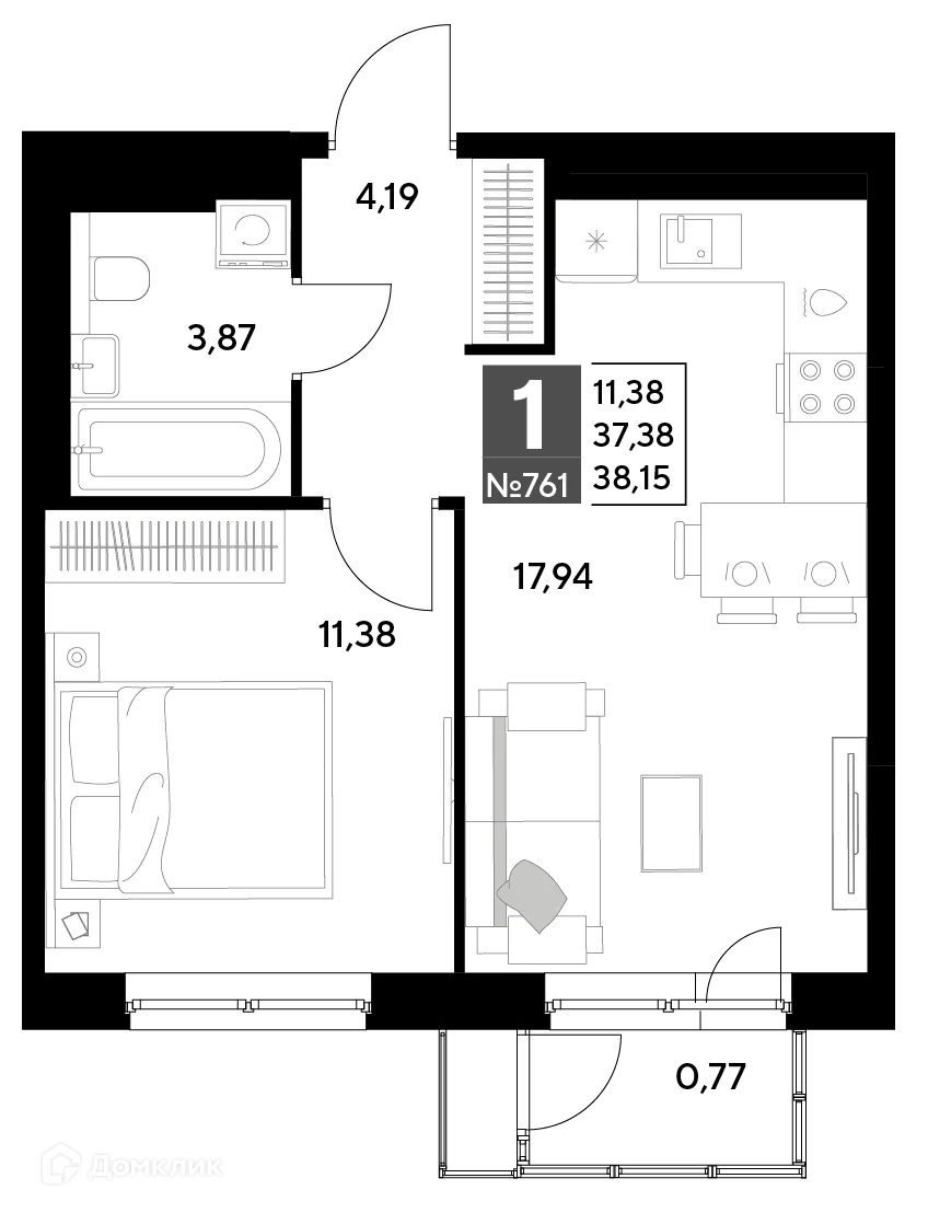 Планировка 1-комнатной квартиры 38.15 м² в ЖК Космопарк, г. Калуга — фото 1