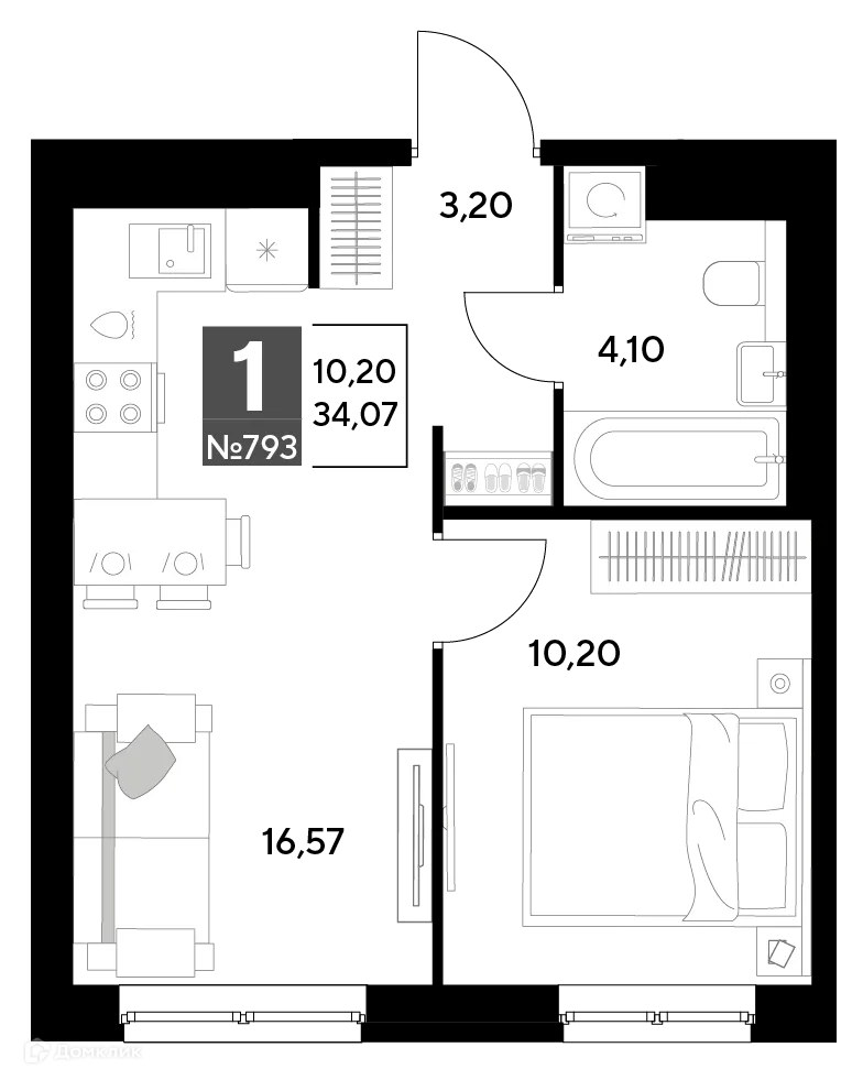 Планировка 1-комнатной квартиры 34.07 м² в ЖК Космопарк, г. Калуга — фото 1