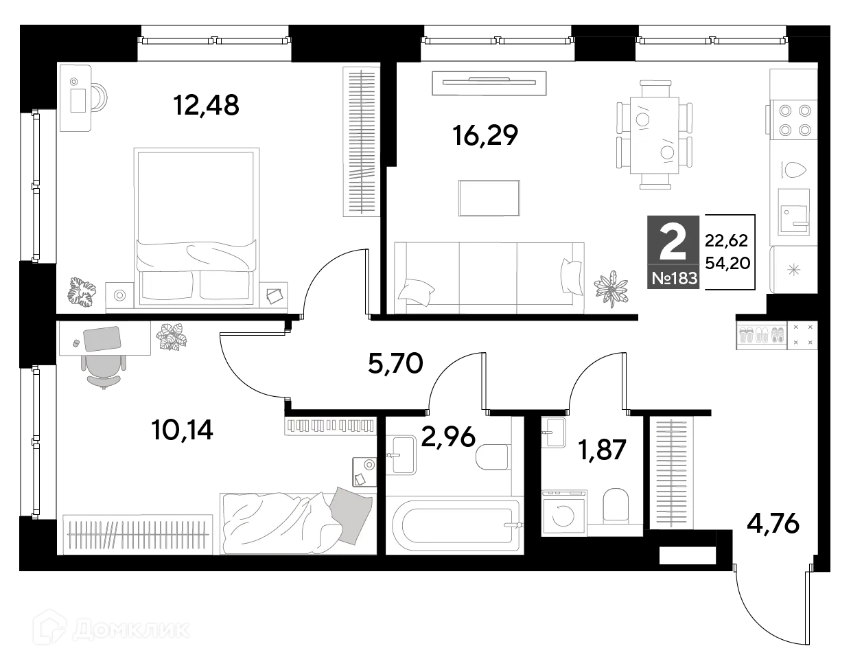 Планировка 2-комнатной квартиры 54.2 м² в ЖК Космопарк, г. Калуга — фото 1