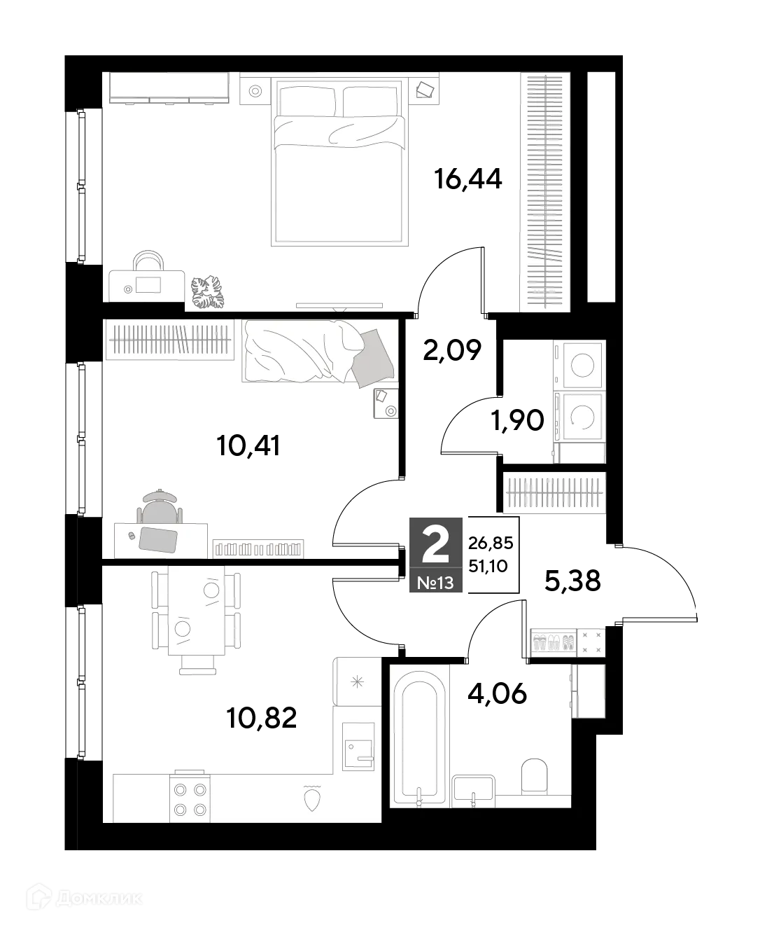Планировка 2-комнатной квартиры 51.1 м² в ЖК Космопарк, г. Калуга — фото 1