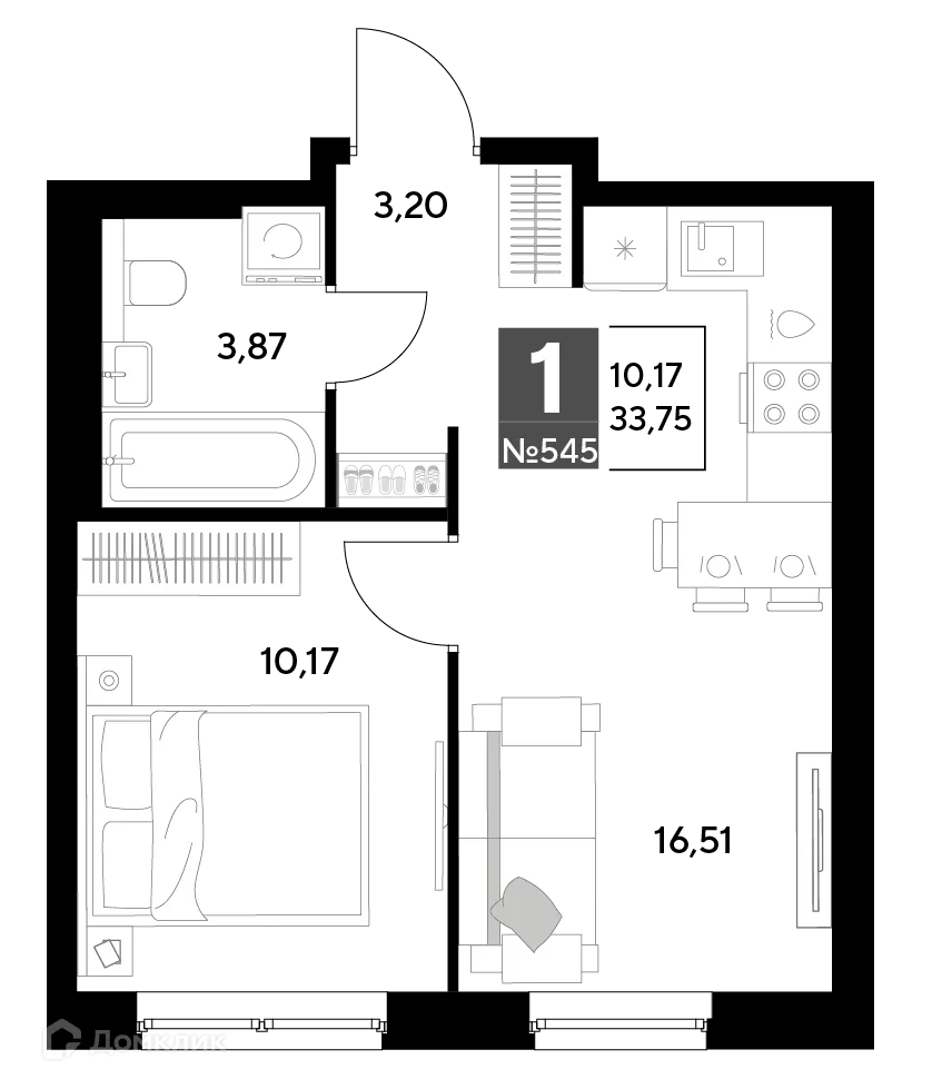 Планировка 1-комнатной квартиры 33.75 м² в ЖК Космопарк, г. Калуга — фото 1