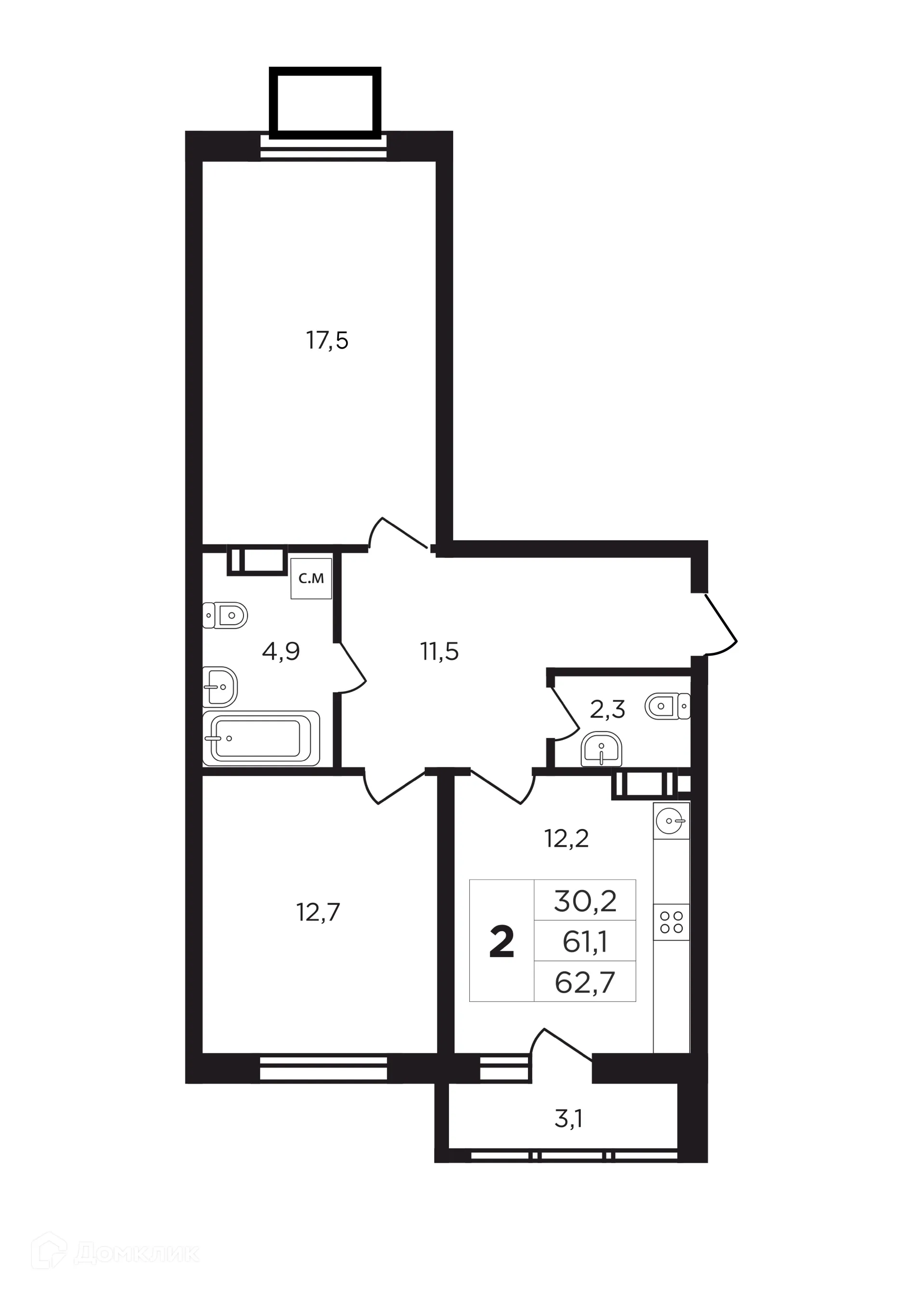 Планировка 2-комнатной квартиры 64.1 м² в ЖК "Соседи", г. Калуга — фото 1