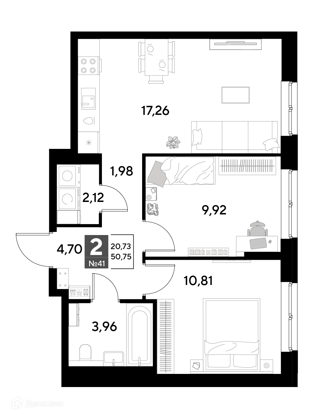 Планировка 2-комнатной квартиры 50.75 м² в ЖК Космопарк, г. Калуга — фото 1
