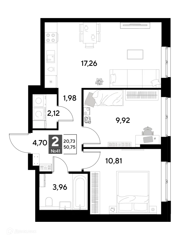 Планировка 2 комн. в ЖК Космопарк