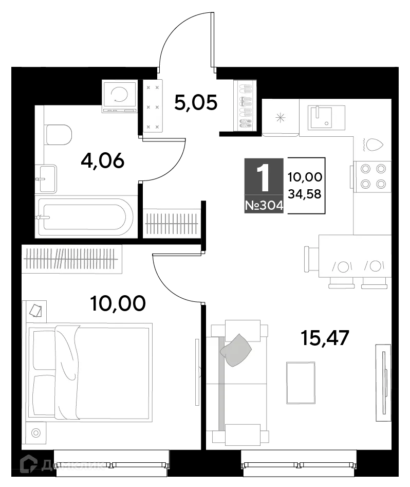 Планировка 1-комнатной квартиры 34.58 м² в ЖК Космопарк, г. Калуга — фото 1