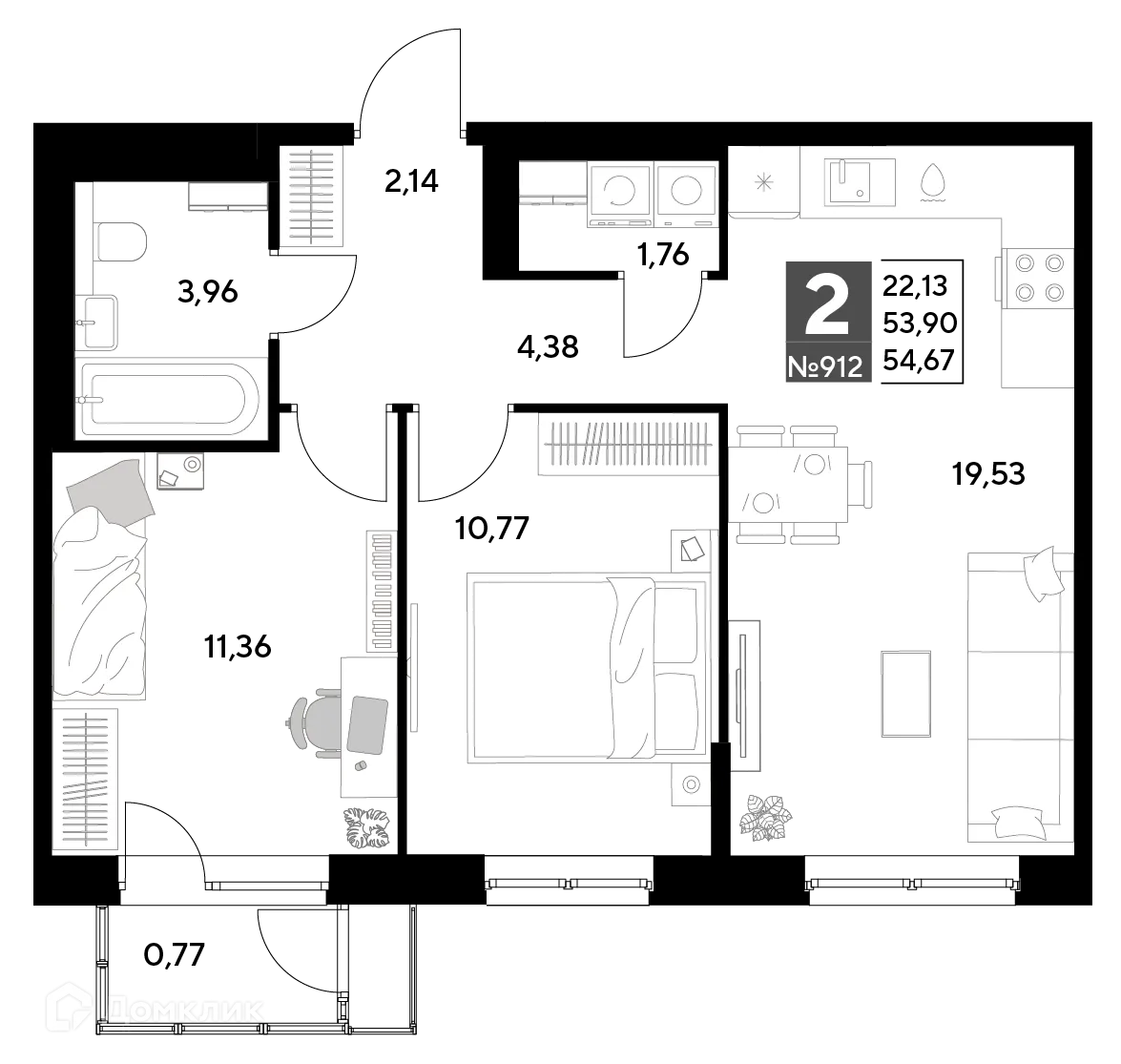 Планировка 2-комнатной квартиры 54.67 м² в ЖК Космопарк, г. Калуга — фото 1