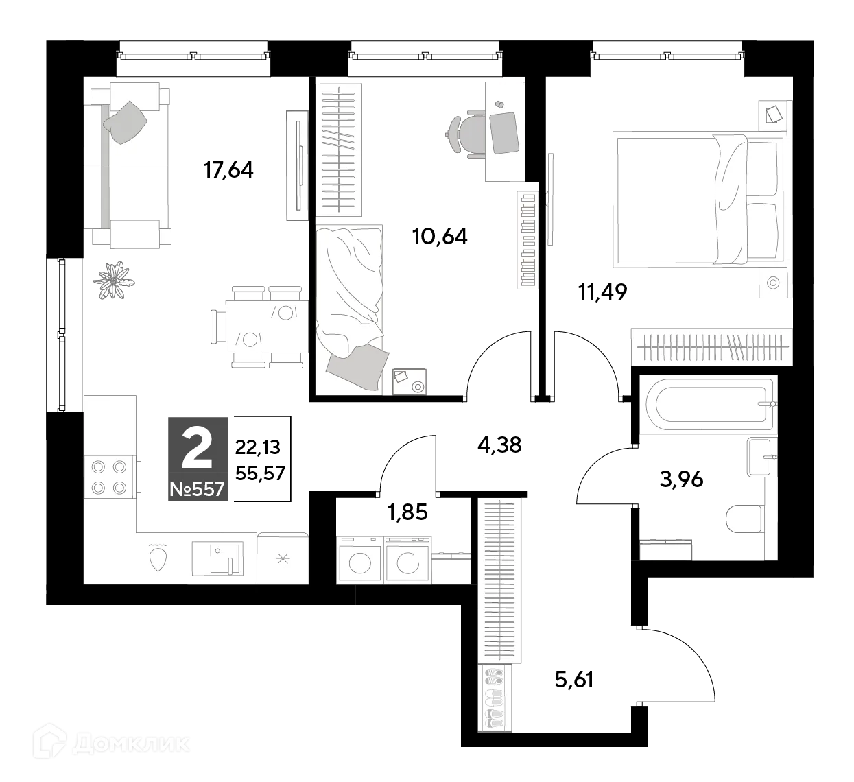 Планировка 2-комнатной квартиры 55.57 м² в ЖК Космопарк, г. Калуга — фото 1