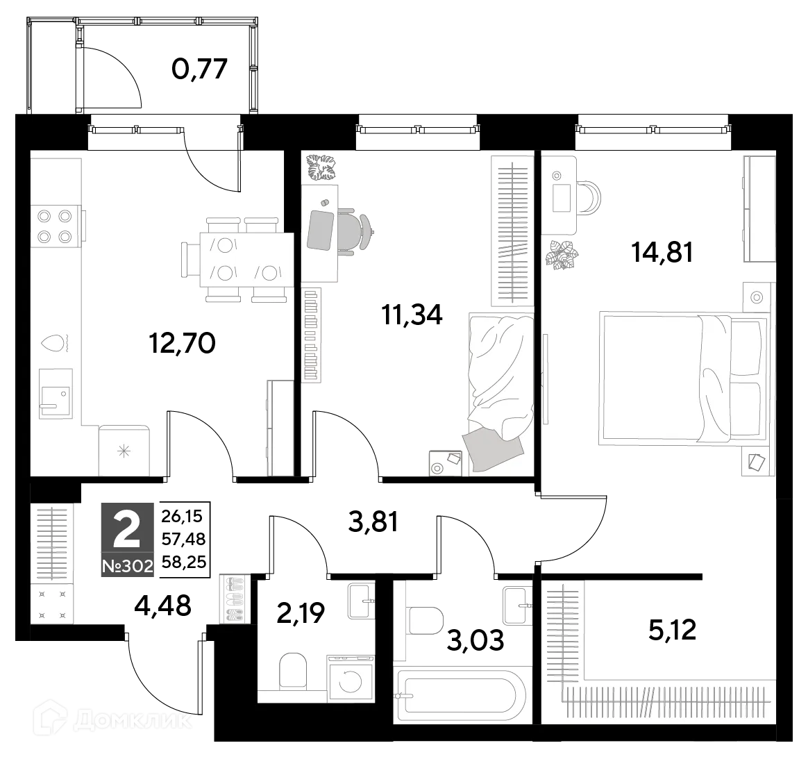 Планировка 2-комнатной квартиры 58.25 м² в ЖК Космопарк, г. Калуга — фото 1