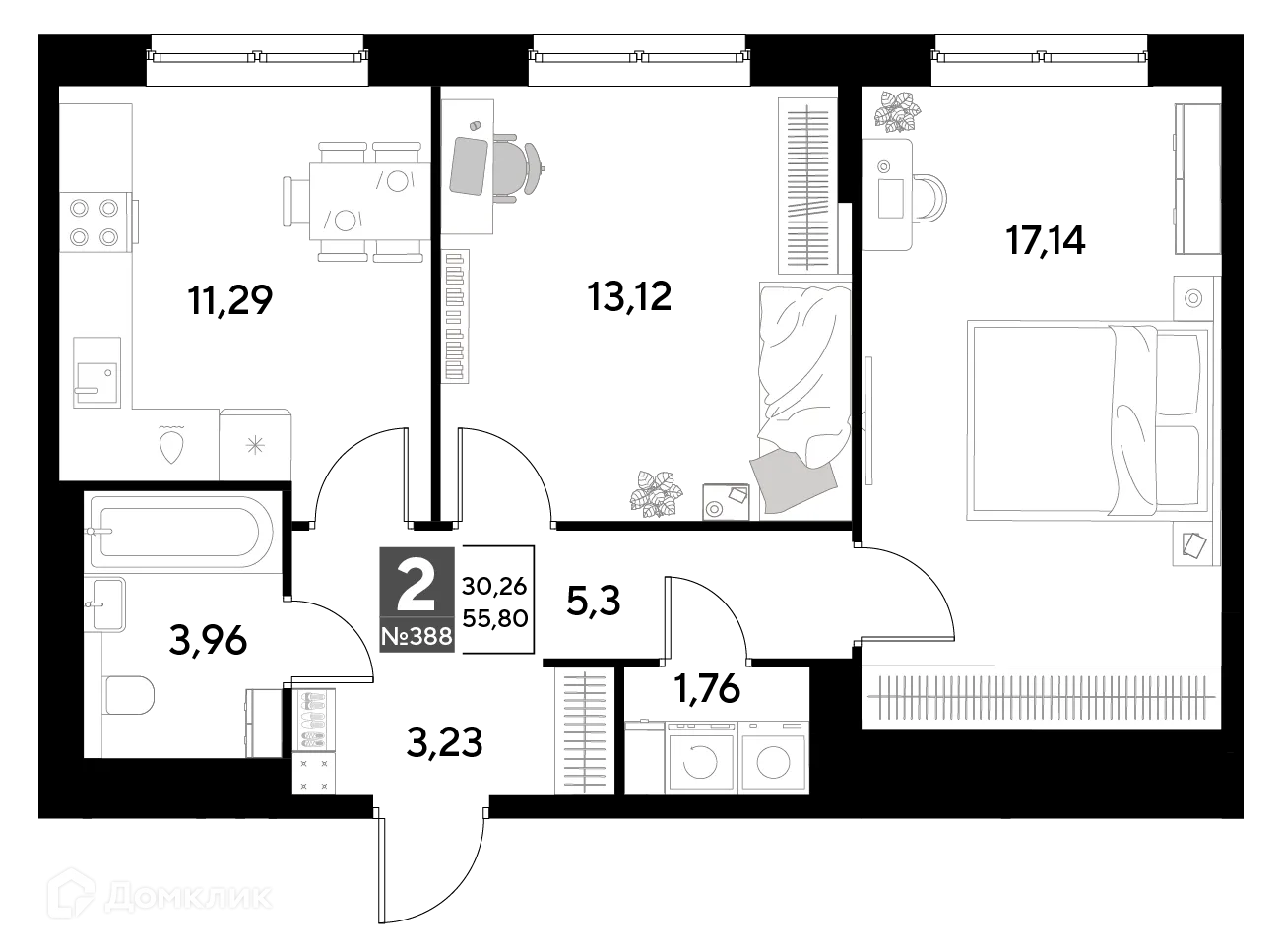 Планировка 2-комнатной квартиры 55.8 м² в ЖК Космопарк, г. Калуга — фото 1