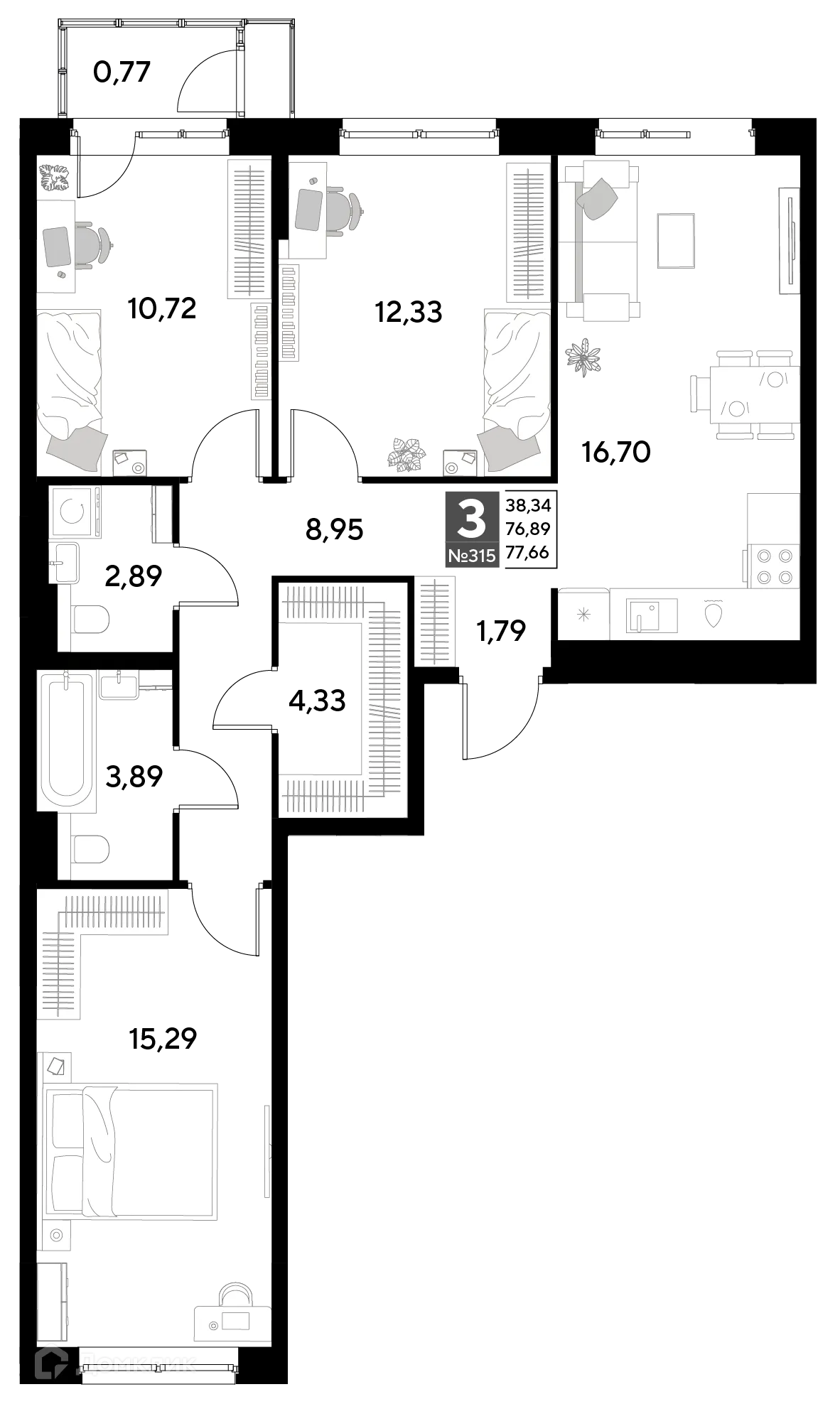 Планировка 3-комнатной квартиры 77.66 м² в ЖК Космопарк, г. Калуга — фото 1