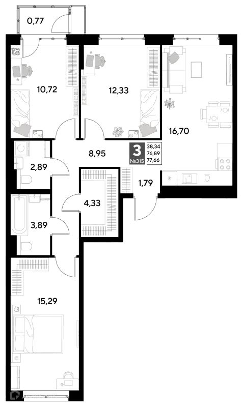 Планировка 3 комн. в ЖК Космопарк