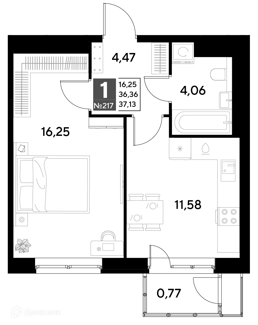 Планировка 1-комнатной квартиры 37.13 м² в ЖК Космопарк, г. Калуга — фото 1