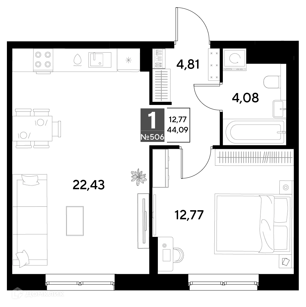 Планировка 1-комнатной квартиры 44.09 м² в ЖК Космопарк, г. Калуга — фото 1