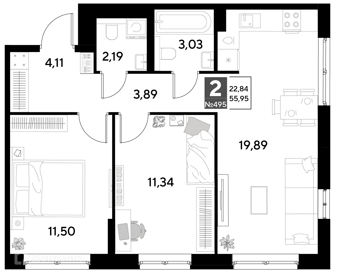 Планировка 2-комнатной квартиры 55.95 м² в ЖК Космопарк, г. Калуга — фото 1