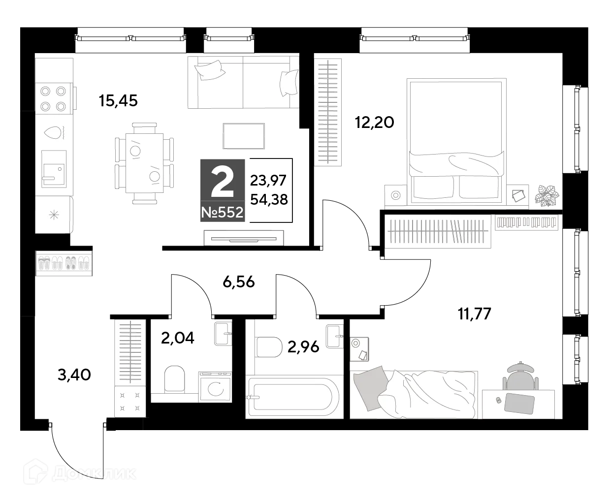 Планировка 2-комнатной квартиры 54.38 м² в ЖК Космопарк, г. Калуга — фото 1