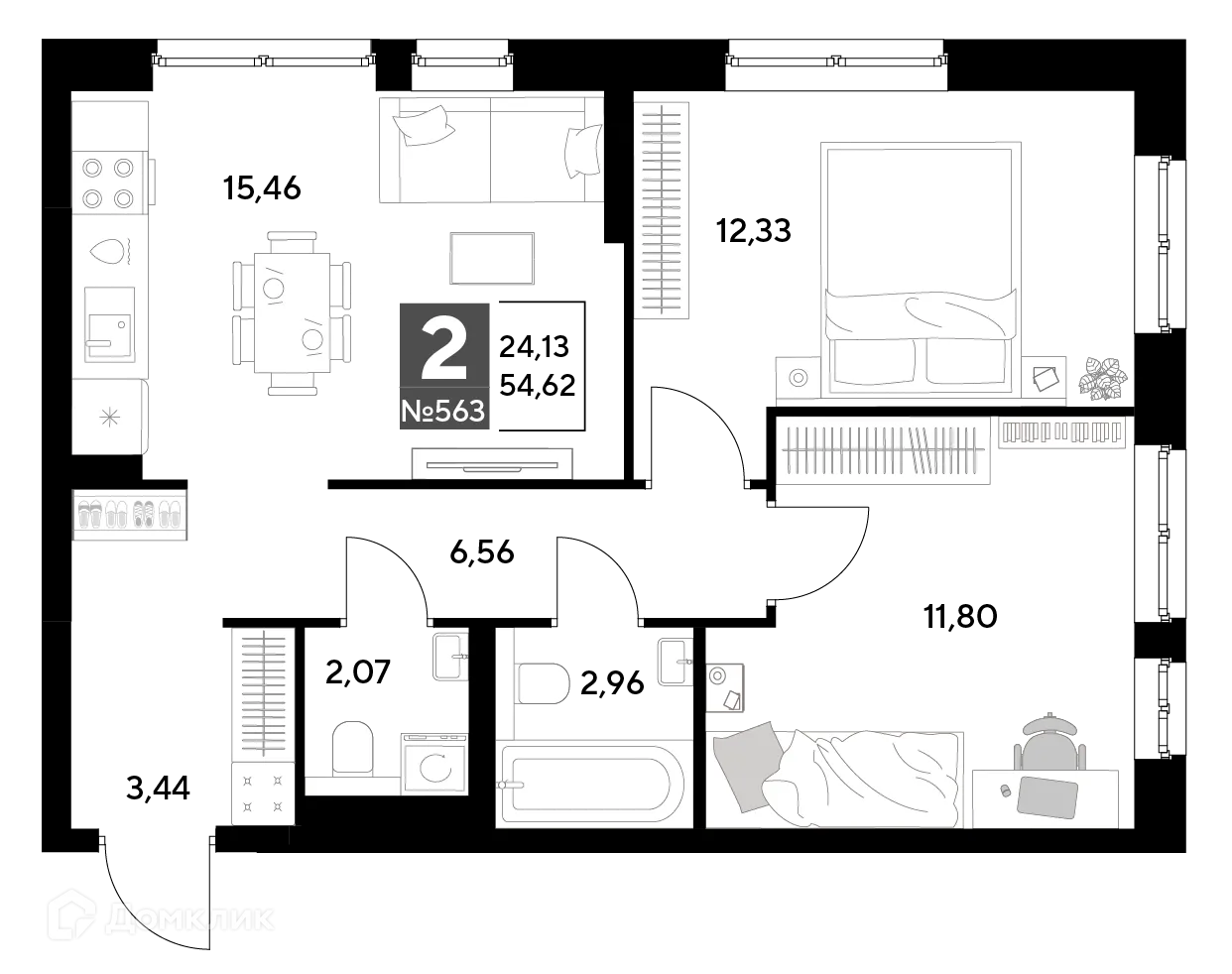 Планировка 2-комнатной квартиры 54.62 м² в ЖК Космопарк, г. Калуга — фото 1