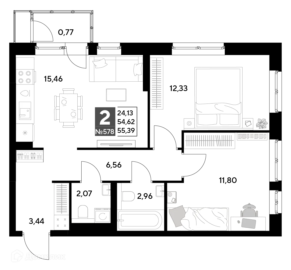 Планировка 2-комнатной квартиры 55.39 м² в ЖК Космопарк, г. Калуга — фото 1