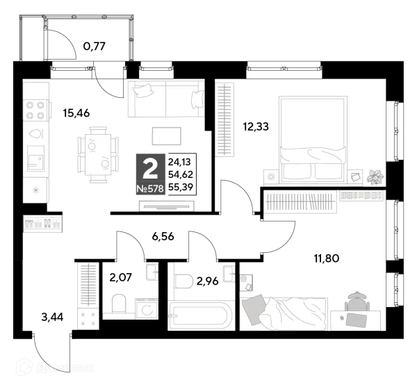 Планировка 2 комн. в ЖК Космопарк