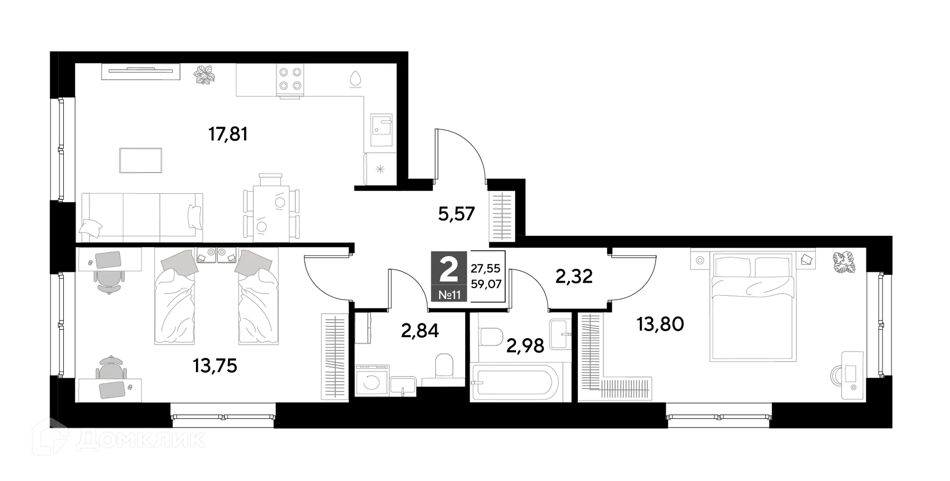 Планировка 2-комнатной квартиры 59.07 м² в ЖК Космопарк, г. Калуга — фото 1