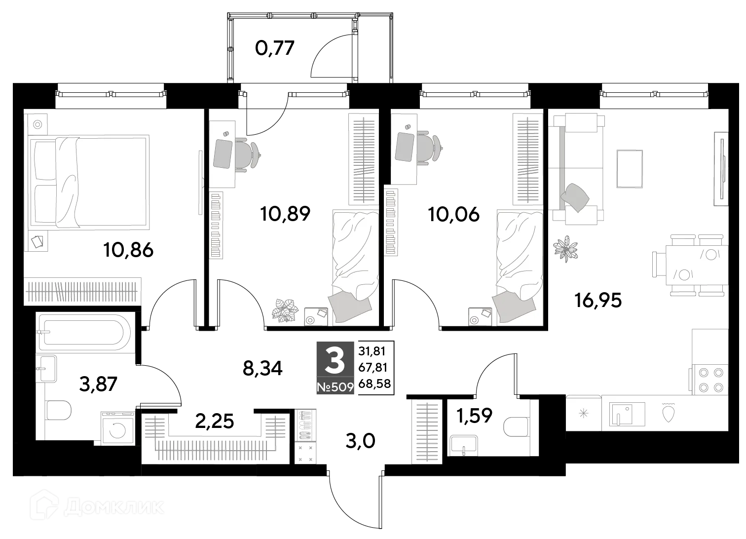 Планировка 3-комнатной квартиры 68.58 м² в ЖК Космопарк, г. Калуга — фото 1
