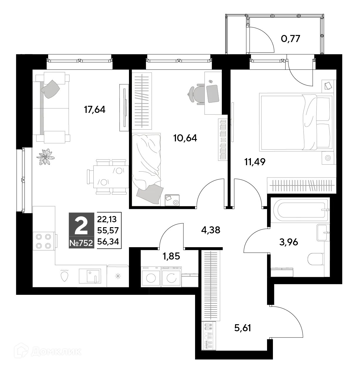 Планировка 2-комнатной квартиры 56.34 м² в ЖК Космопарк, г. Калуга — фото 1