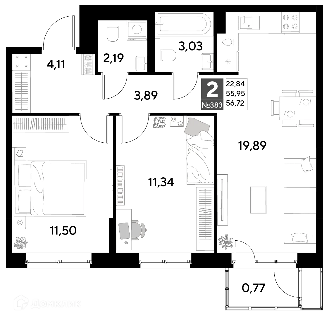 Планировка 2-комнатной квартиры 56.72 м² в ЖК Космопарк, г. Калуга — фото 1