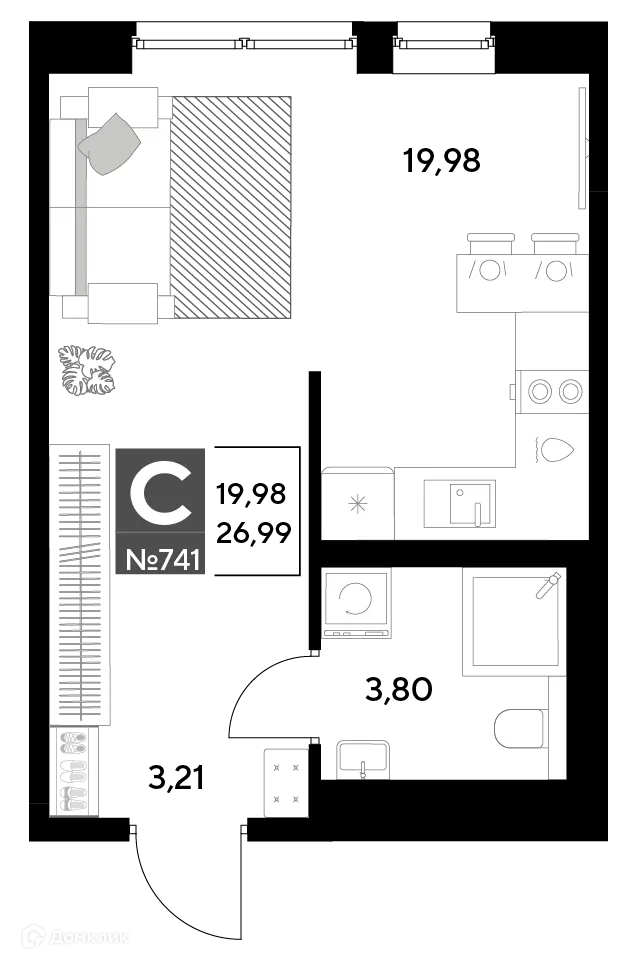 Планировка студии квартиры 26.99 м² в ЖК Космопарк, г. Калуга — фото 1