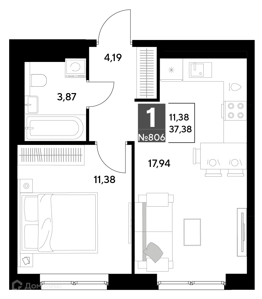 Планировка 1-комнатной квартиры 37.38 м² в ЖК Космопарк, г. Калуга — фото 1