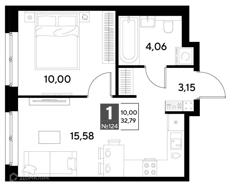 Планировка 1-комнатной квартиры 32.79 м² в ЖК Космопарк, г. Калуга — фото 1