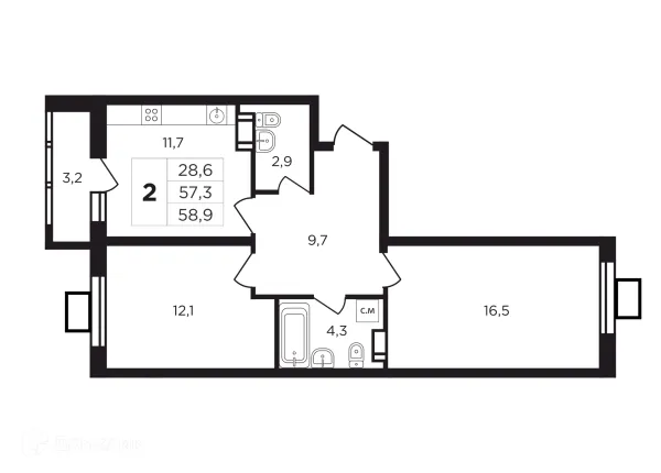 Планировка 2 комн. в ЖК "Соседи"