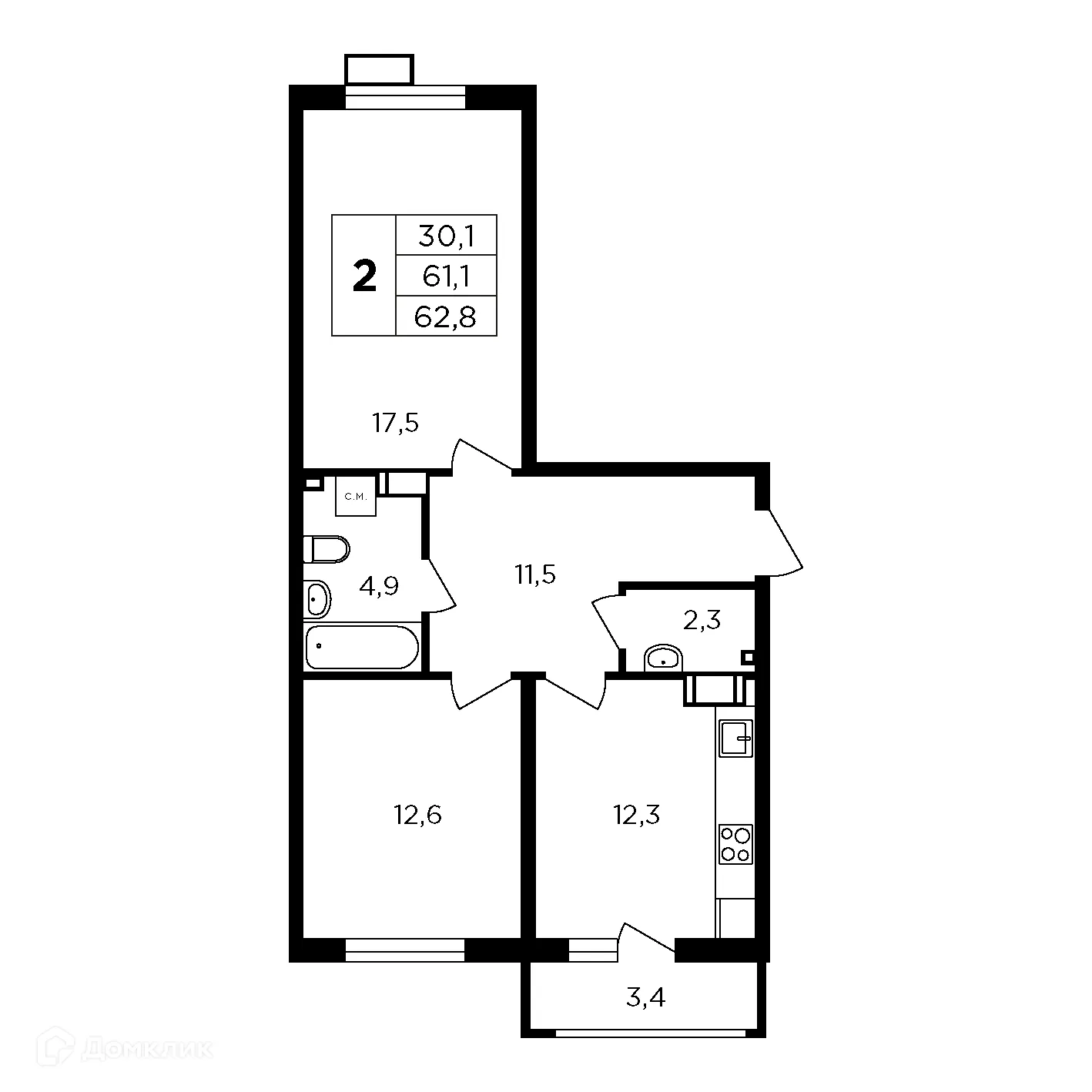 Планировка 2-комнатной квартиры 64.4 м² в ЖК "Соседи", г. Калуга — фото 1