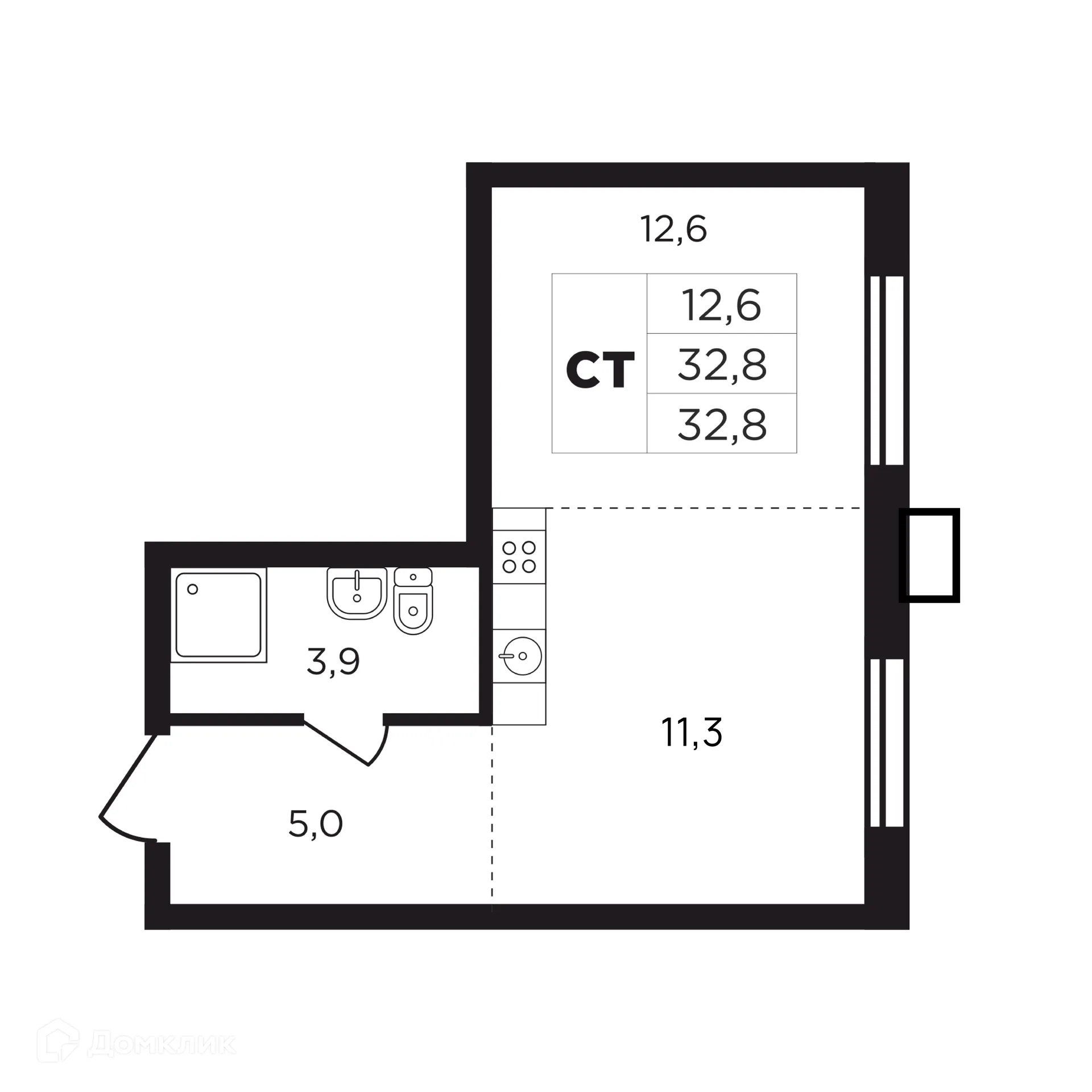 Планировка студии квартиры 32.7 м² в ЖК "Соседи", г. Калуга — фото 1