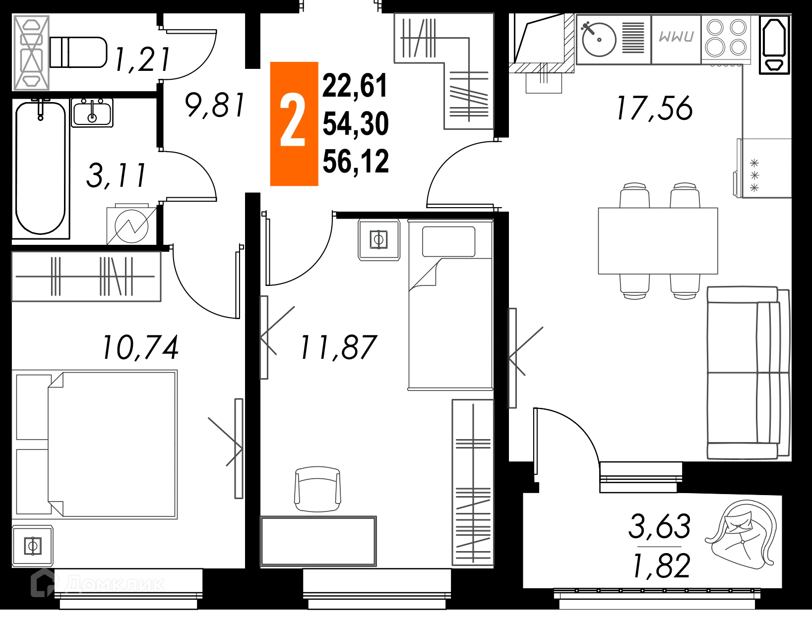 Планировка 2-комнатной квартиры 56.12 м² в ЖК КРЕЧЕТНИКОВ ПАРК, г. Калуга — фото 1