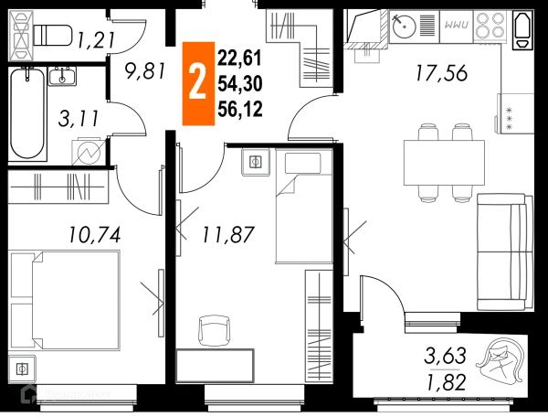 Планировка 2 комн. в ЖК КРЕЧЕТНИКОВ ПАРК