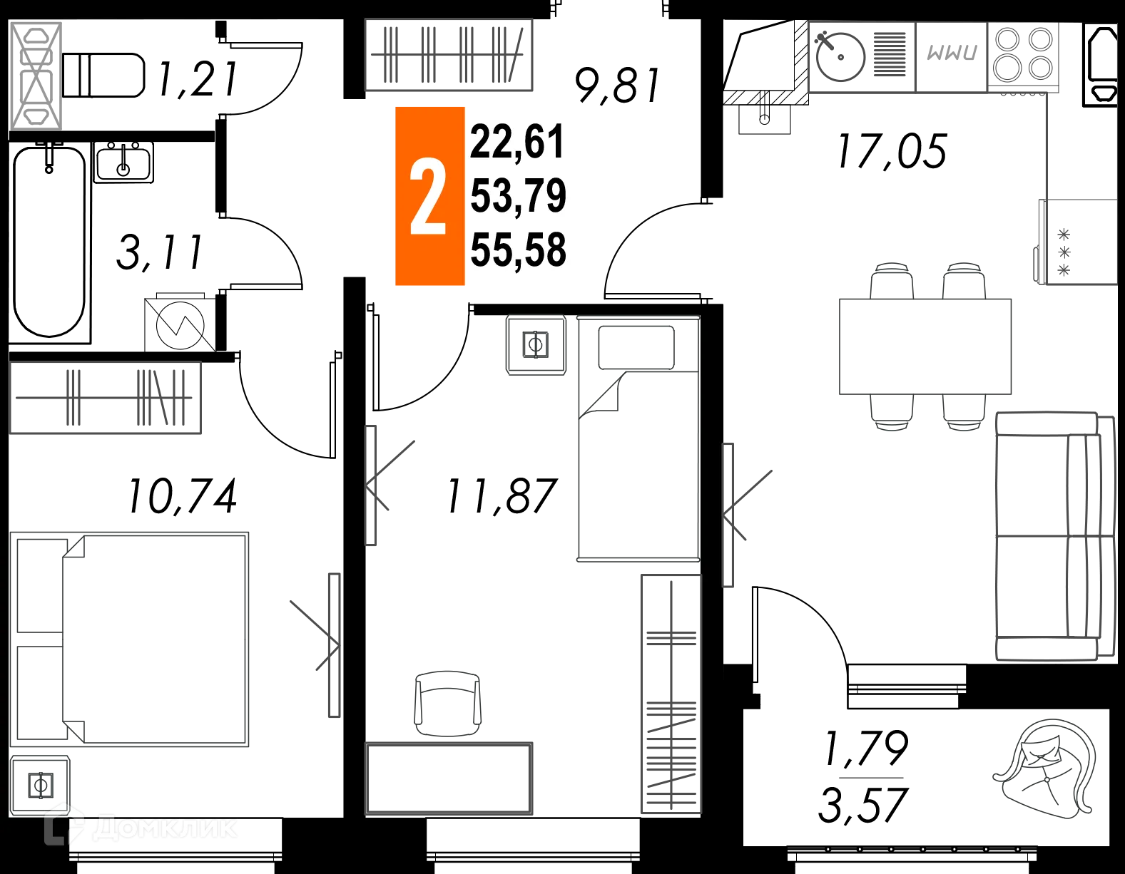 Планировка 2-комнатной квартиры 55.58 м² в ЖК КРЕЧЕТНИКОВ ПАРК, г. Калуга — фото 1