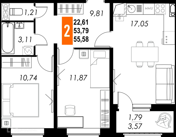 Планировка 2 комн. в ЖК КРЕЧЕТНИКОВ ПАРК